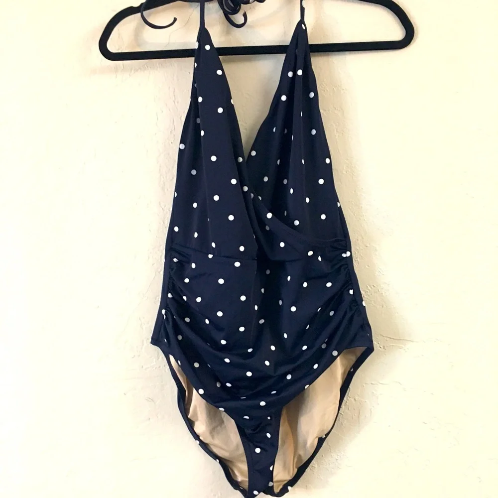 J Crew Polka Dot One Piece Swimsuit 14 Navy Blue Classic Full Coverage Ruching